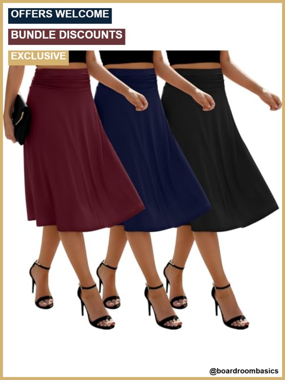 3 Pack Womens Midi Skirts Flowy Lightweight Knee Length Elastic Waist Flared